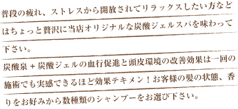 普段の疲れ、ストレスから開放されてリラックスしたい方などはちょっと贅沢に当店オリジナルな炭酸ジェルスパを味わってください。炭酸泉＋炭酸ジェルの決行促進と頭皮環境の改善効果は一回の施術でも実感できるほど効果テキメン！お客様の髪の状態、香りをお好みから数種類のシャンプーをお選び下さい。